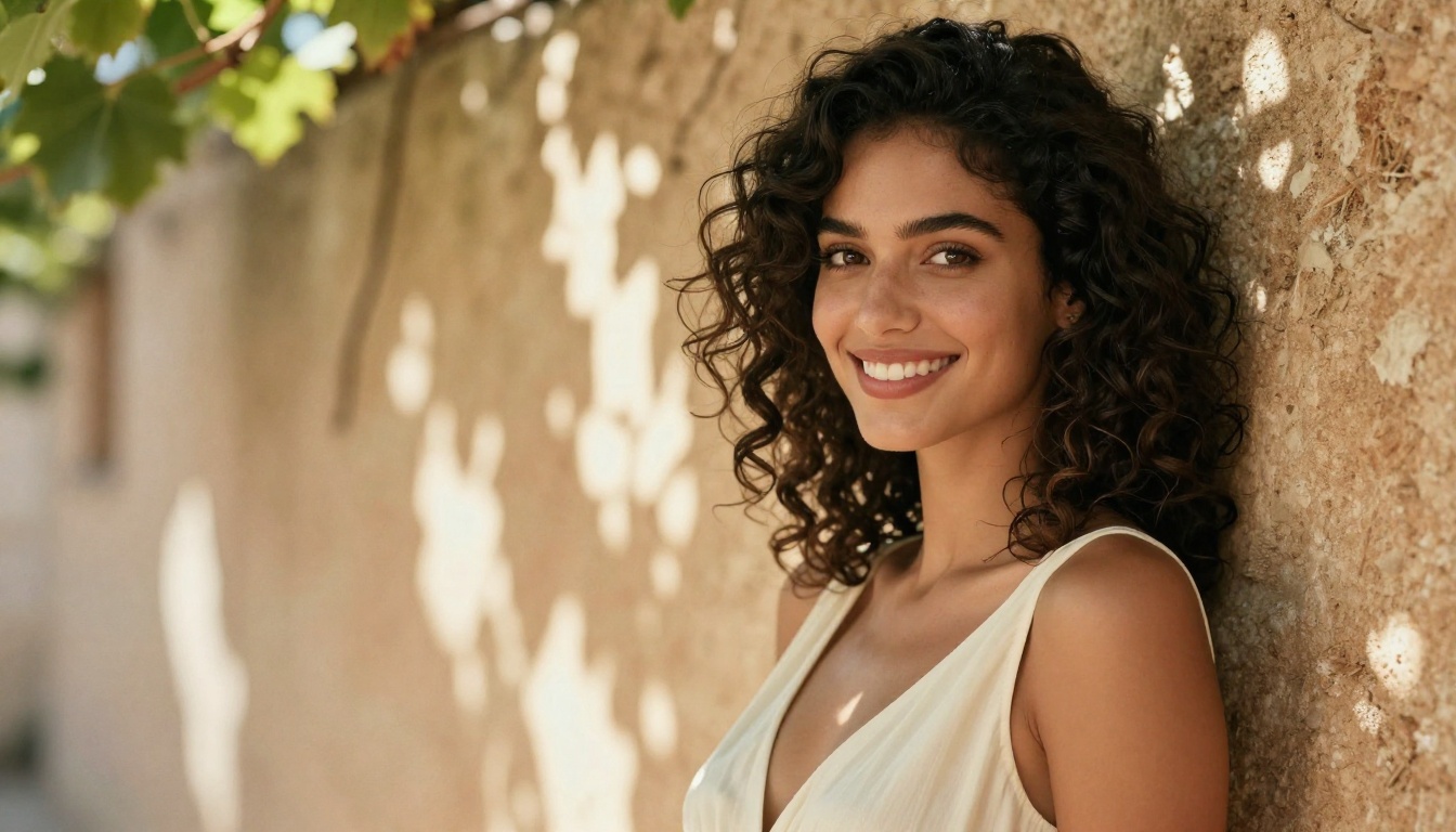 Portrait of confident young woman with dark curly hair leaning against warm terracotta wall with dappled grapevine light creating bokeh patterns