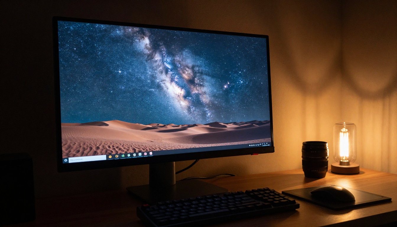 Creative workstation at night with 4K monitor glowing with Milky Way galaxy wallpaper casting soft blue light on mechanical keyboard and drawing tablet