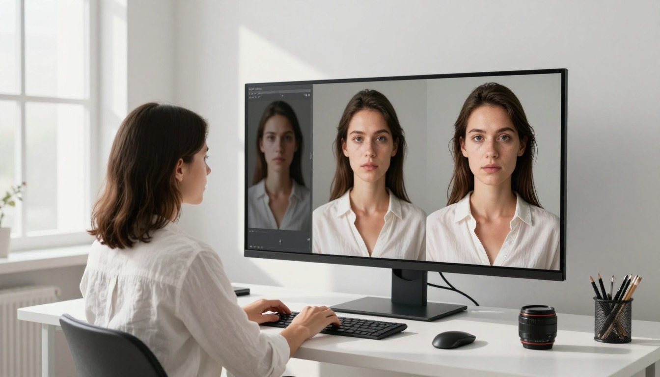 Professional reviewing portrait upscaling results on a large monitor