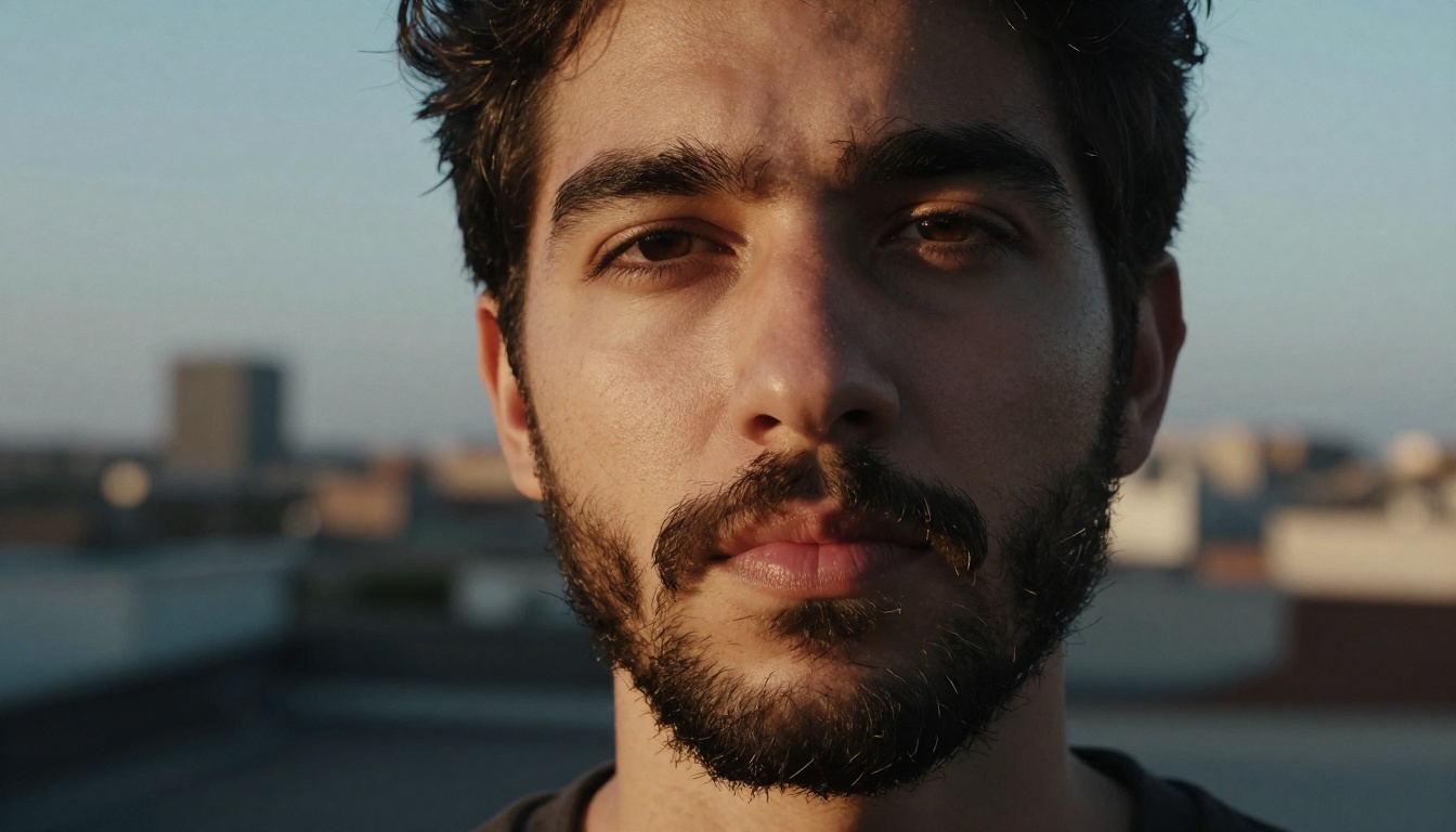 Low-angle portrait of a bearded man with sharp skin and hair detail