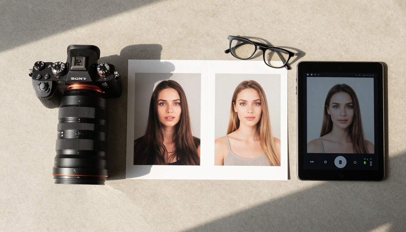 Photography gear flat-lay with before and after upscaling prints