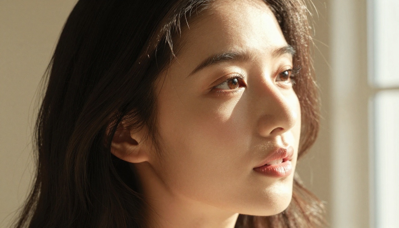 Woman portrait with dark hair facing natural window light