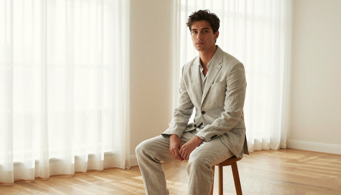 Male model seated in a natural-light studio with large windows
