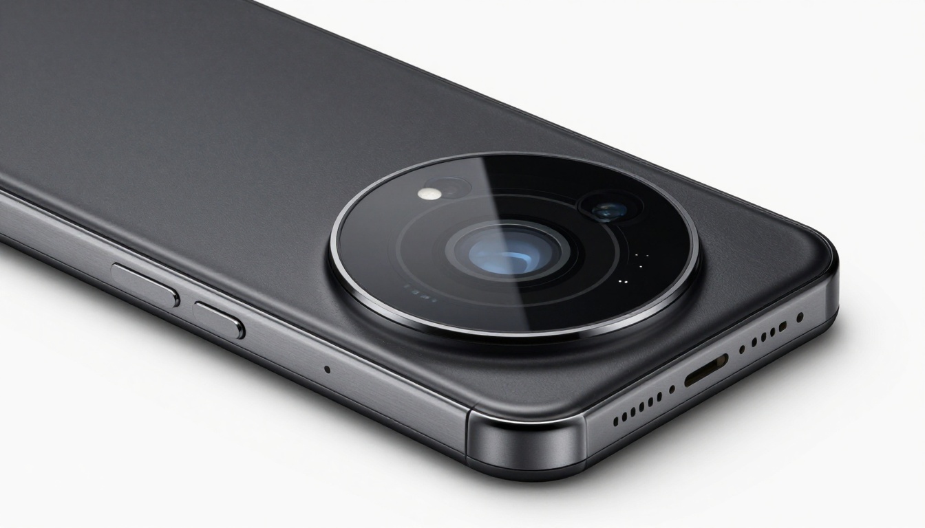 Extreme close-up macro product photo of a black smartphone with ring light reflection in the screen glass, ultra-sharp aluminum frame edges, camera module detail visible, clean white gradient studio background