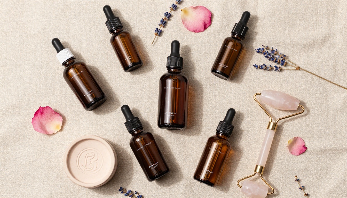 Aerial flat-lay of artisan skincare products including amber glass dropper bottles, a clay face mask container, rose quartz facial roller, and scattered dried lavender on raw natural linen fabric with soft overhead natural lighting