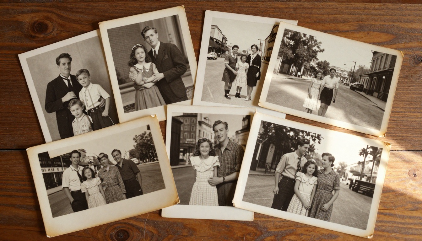 A collection of old black-and-white and sepia-toned vintage photographs spread across a rustic wooden table