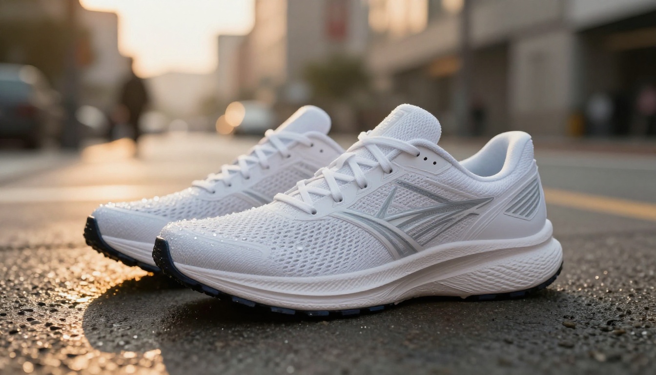 Low-angle product shot of premium white running shoes on wet dark concrete pavement at golden hour, water droplets visible on mesh fabric at fiber level, rubber sole tread in sharp detail, warm bokeh city street background
