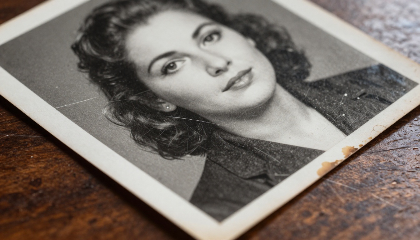 Extreme close-up of a damaged vintage black-and-white photograph showing grain, scratches, and water damage