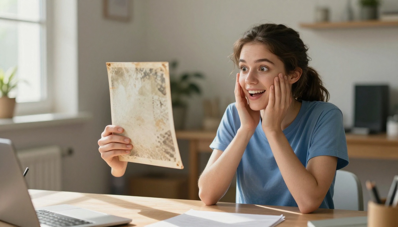 A young woman comparing two photographs side by side, one faded and one restored to sharp HD quality