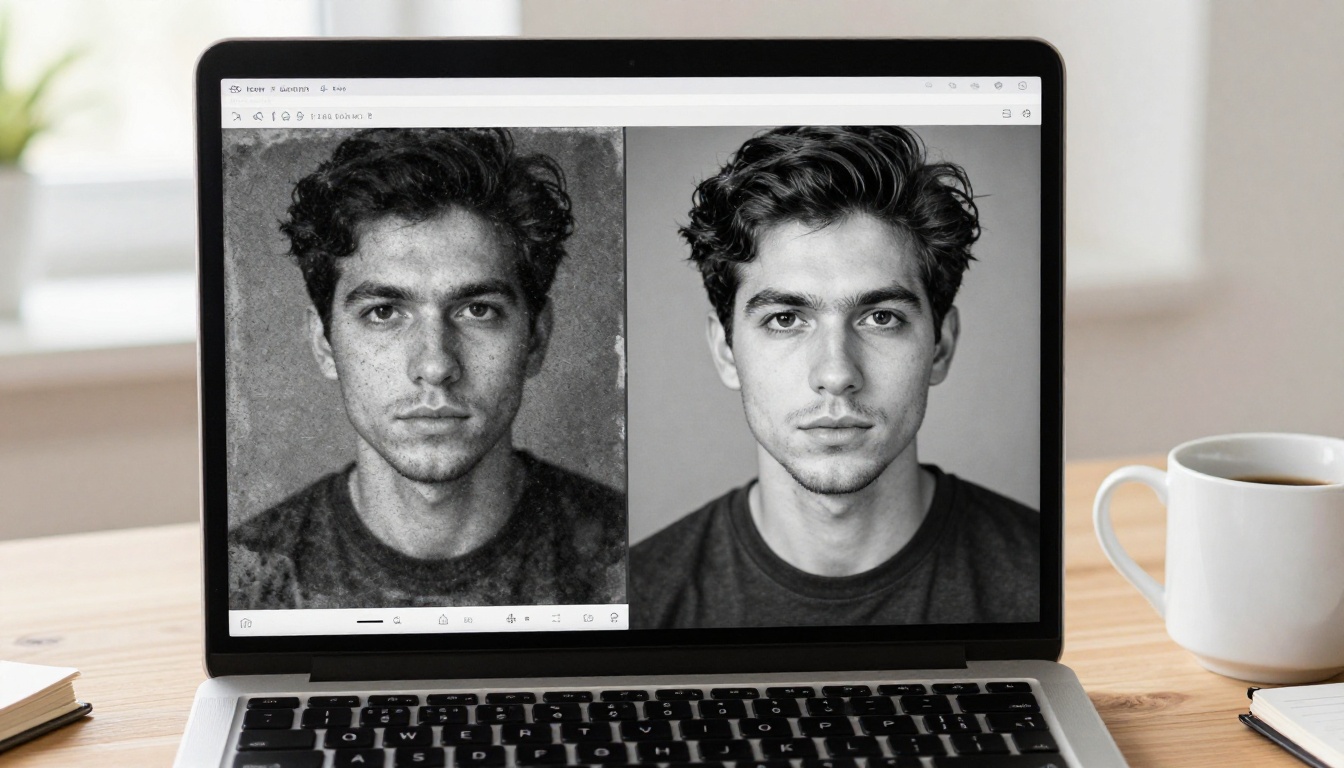 A laptop screen showing a split-view photo restoration interface with a degraded image on the left and a crisp HD result on the right
