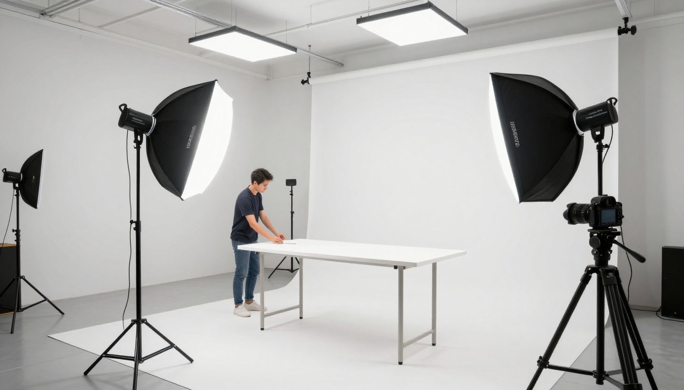 Wide-angle professional ecommerce product photography studio with softbox lighting, white seamless paper background, and photographer adjusting equipment beside a camera on a tripod