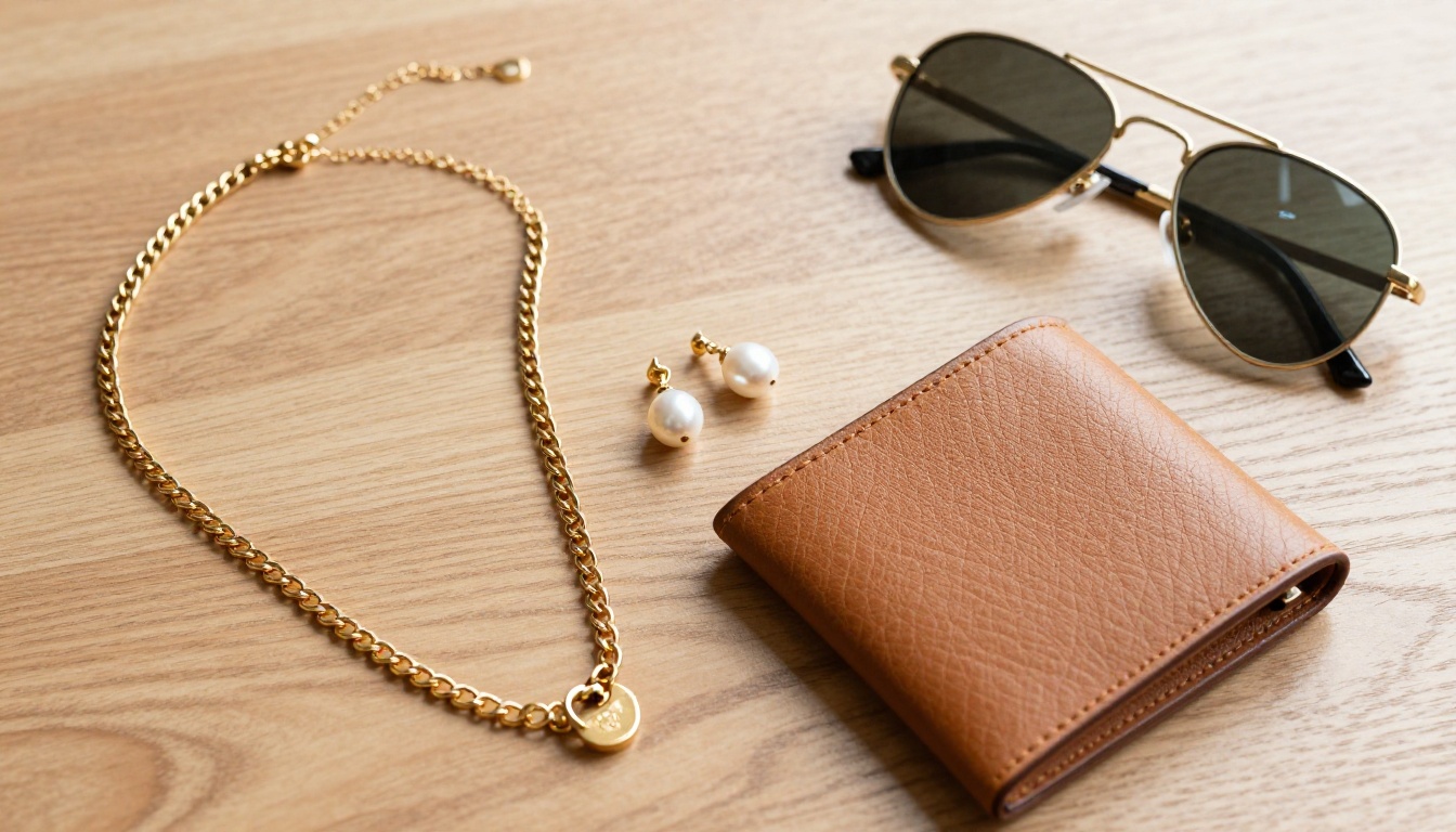 Fashion accessories flat lay showing a gold chain necklace, pearl drop earrings, tan leather bifold wallet with visible grain texture, and gold-framed aviator sunglasses on polished light oak wood with diffused window lighting