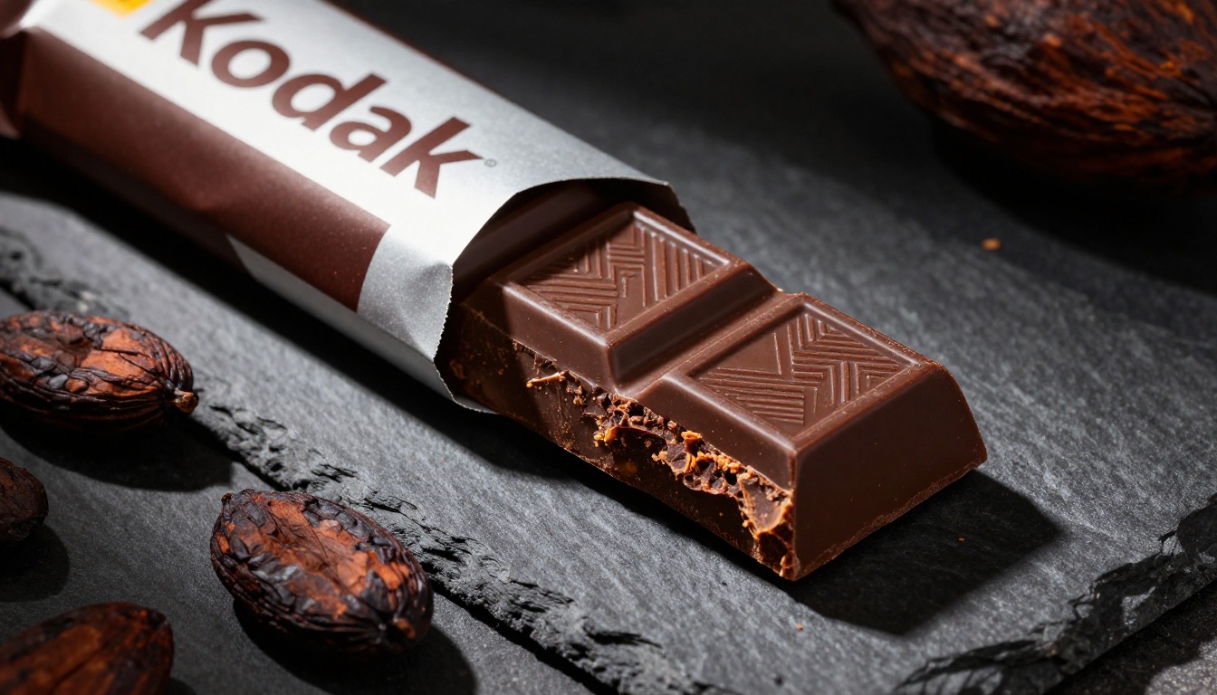 Premium artisan dark chocolate bar partially unwrapped from kraft paper packaging on dark slate stone surface with scattered cacao beans, dramatic side softbox lighting creating deep chiaroscuro shadows, warm amber highlights on the cocoa surface texture
