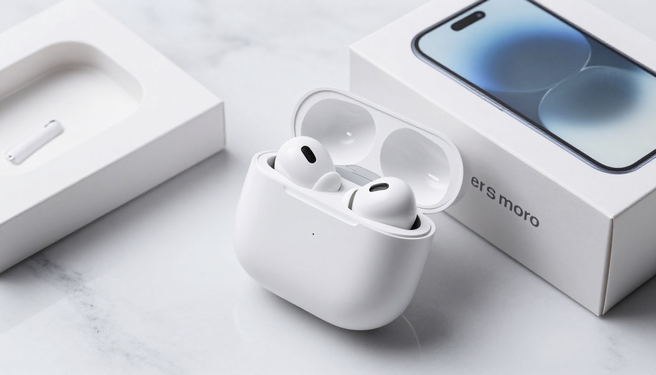 Aerial overhead product photography of wireless earbuds charging case open on white marble surface, retail box beside it, white foam packaging insert showing the two earbuds nestled in precision-molded cradles, soft diffused overhead studio lighting