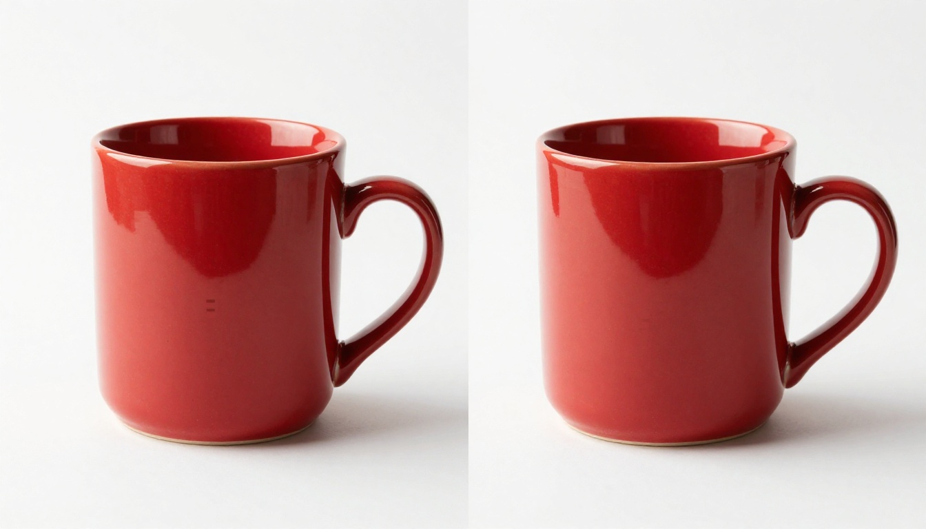 Before and after product image comparison: left side shows a blurry low-resolution red ceramic mug with pixelation and compression artifacts, right side shows the same mug in crystal-sharp high resolution with visible glaze texture and handle detail