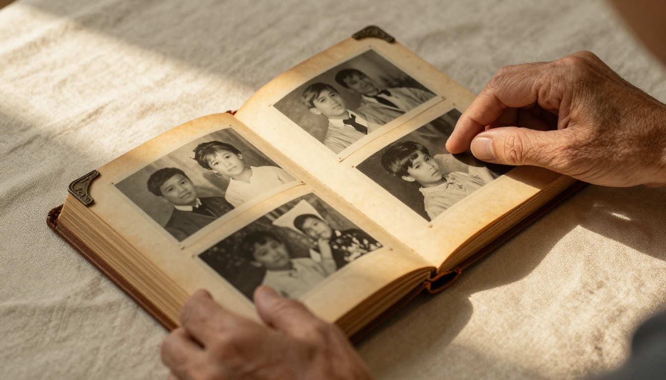 Aged hands carefully turning the pages of an old leather-bound photograph album filled with black-and-white portraits