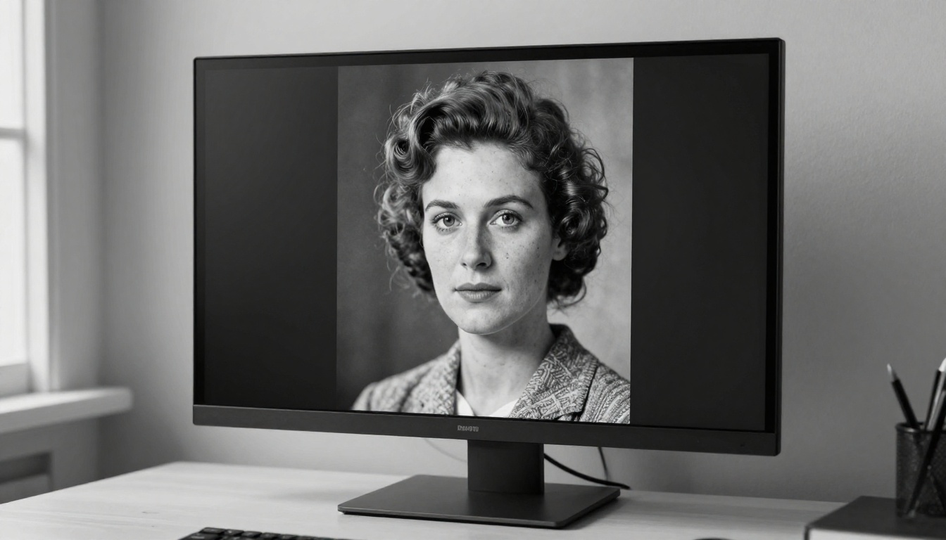 A large monitor displaying a beautifully AI-restored vintage portrait photograph with extraordinary sharp detail