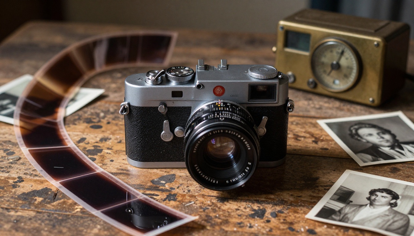 A vintage Leica-style 35mm film camera surrounded by contact sheet strips and scattered vintage portrait photographs on a weathered wooden table