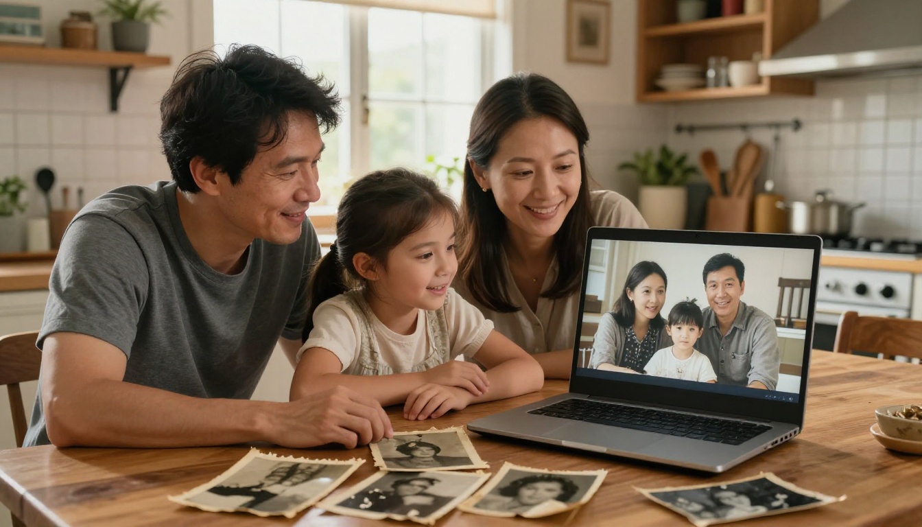 A family gathered warmly around a kitchen table looking at a laptop screen displaying beautifully restored vintage photographs