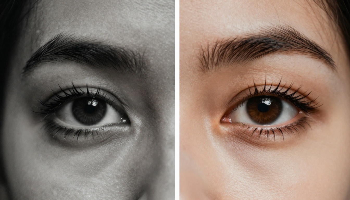 Extreme macro split photograph showing the left half severely degraded and the right half crystal-clear after AI restoration