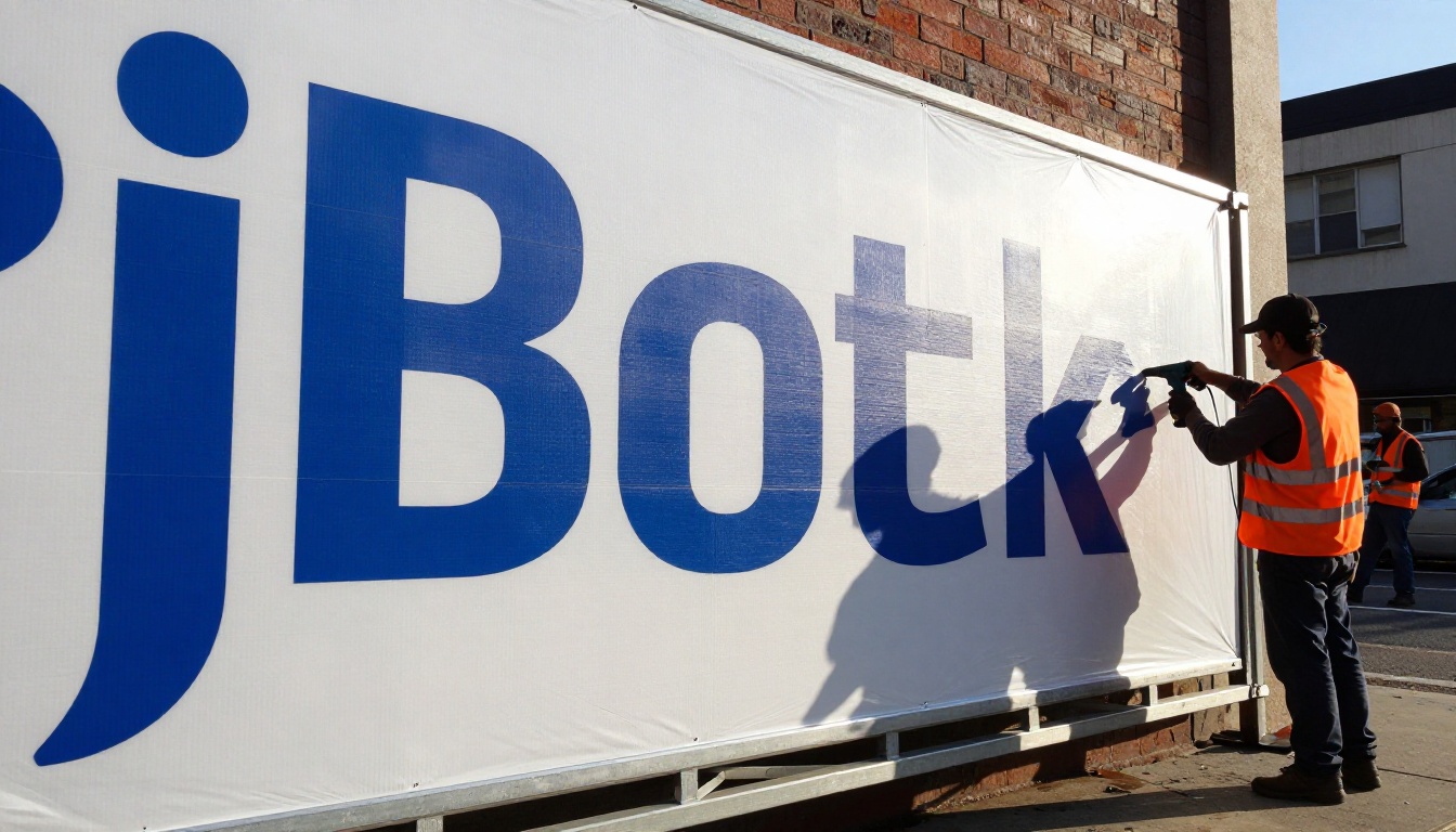 Billboard installation workers in high-visibility vests securing printed vinyl artwork to a metal frame at street level