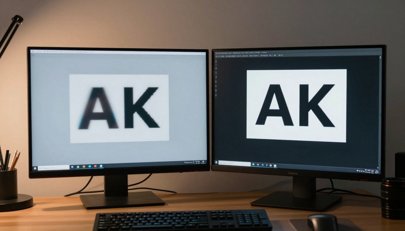 A professional monitor on a designer's desk showing a blurry pixelated logo on the left half and a crisp AI-upscaled version on the right half