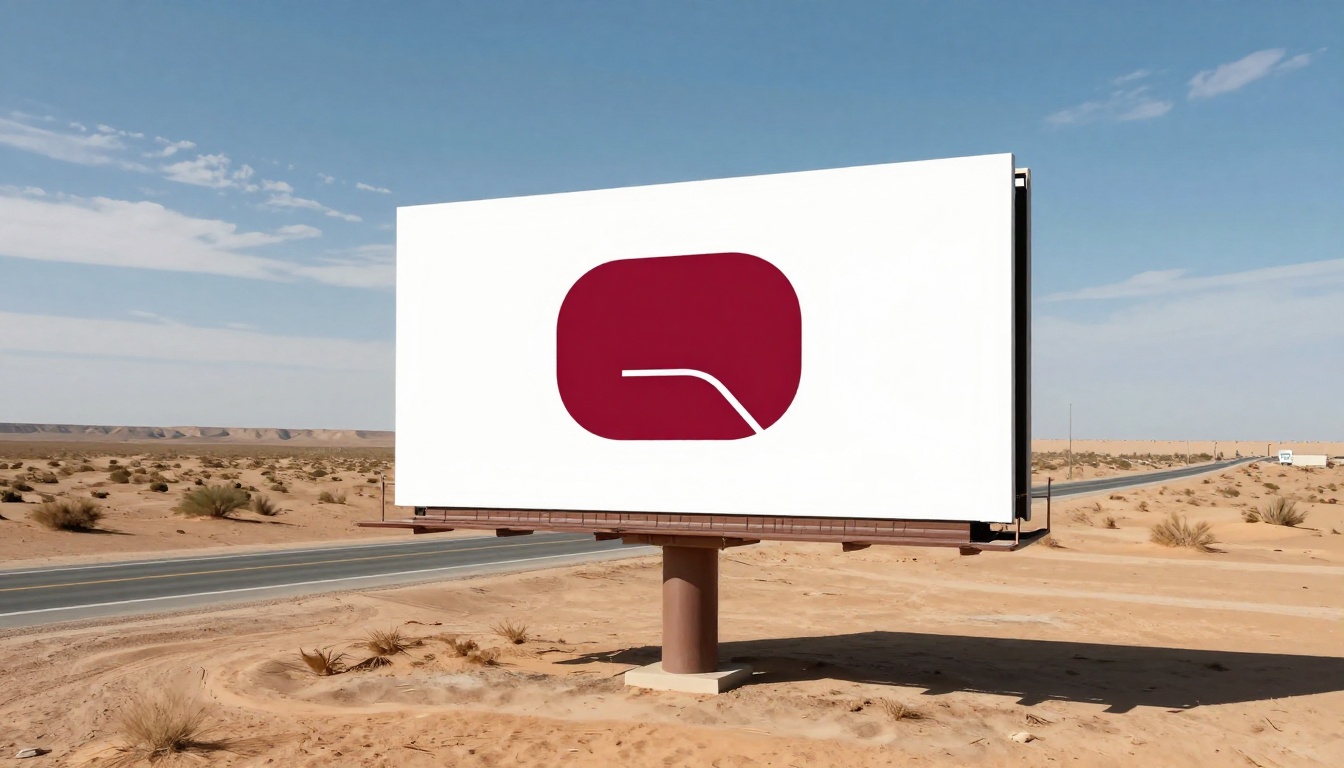 Aerial drone view of a massive billboard on a desert highway displaying a crisp minimalist brand logo in deep red and white