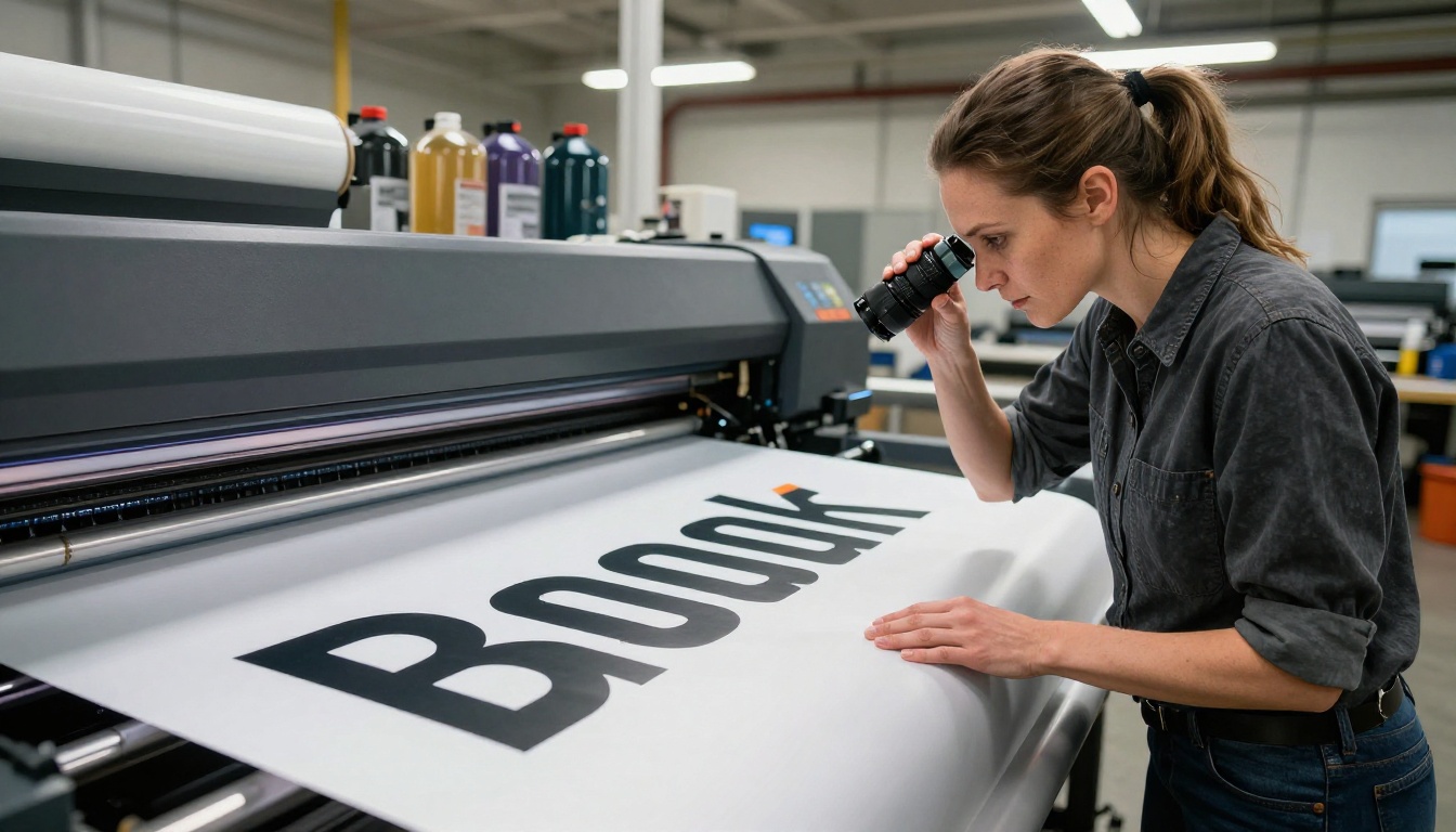 A print production specialist inspects large-format billboard vinyl output from an industrial inkjet printer using a loupe magnifier