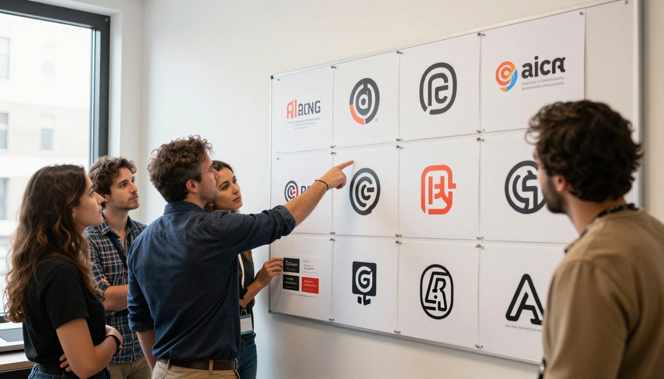 A branding agency team reviews oversized logo proof prints pinned to a foam board ranging from business card size to A0 poster scale