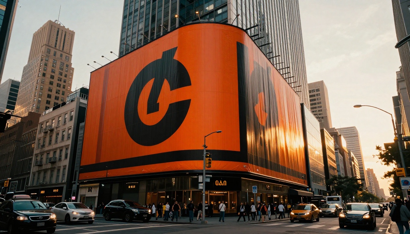 Street-level view of an urban commercial district at golden hour with a massive building-wrap advertisement showing a razor-sharp brand logo in deep orange and black