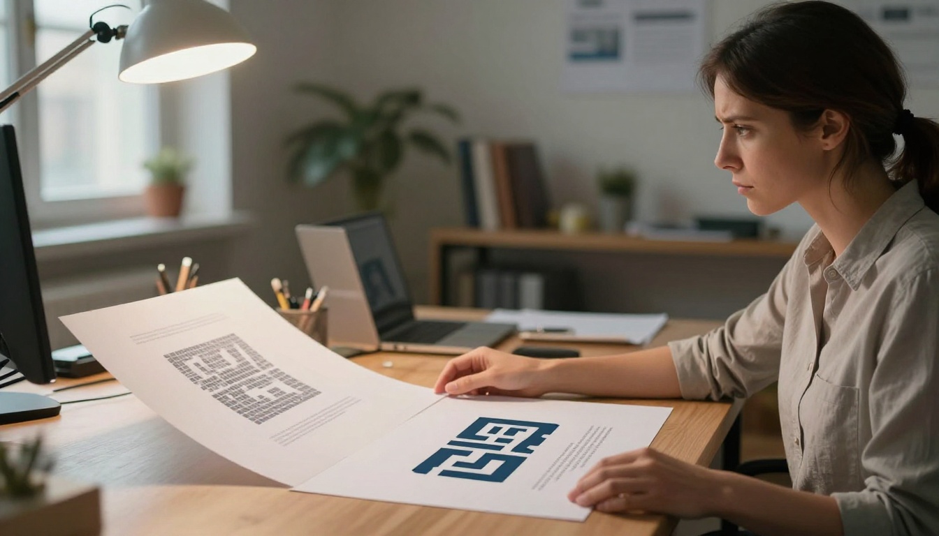 A graphic designer at home office compares a blurry logo printout against a sharp AI-upscaled version side by side on a drafting table