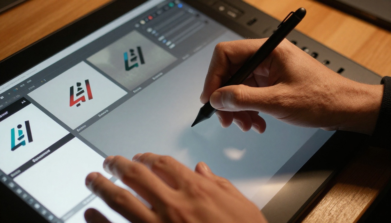 Professional hands using a digital stylus on a graphics tablet with an AI upscaling interface showing before and after logo preview tiles