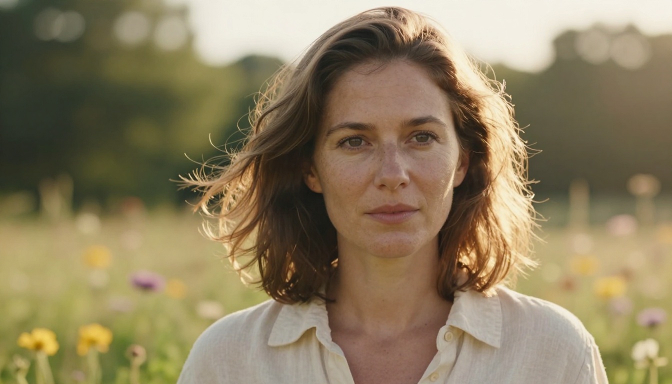 A professional woman photographer in a sunlit meadow, golden light, natural skin texture, Kodak Portra 400