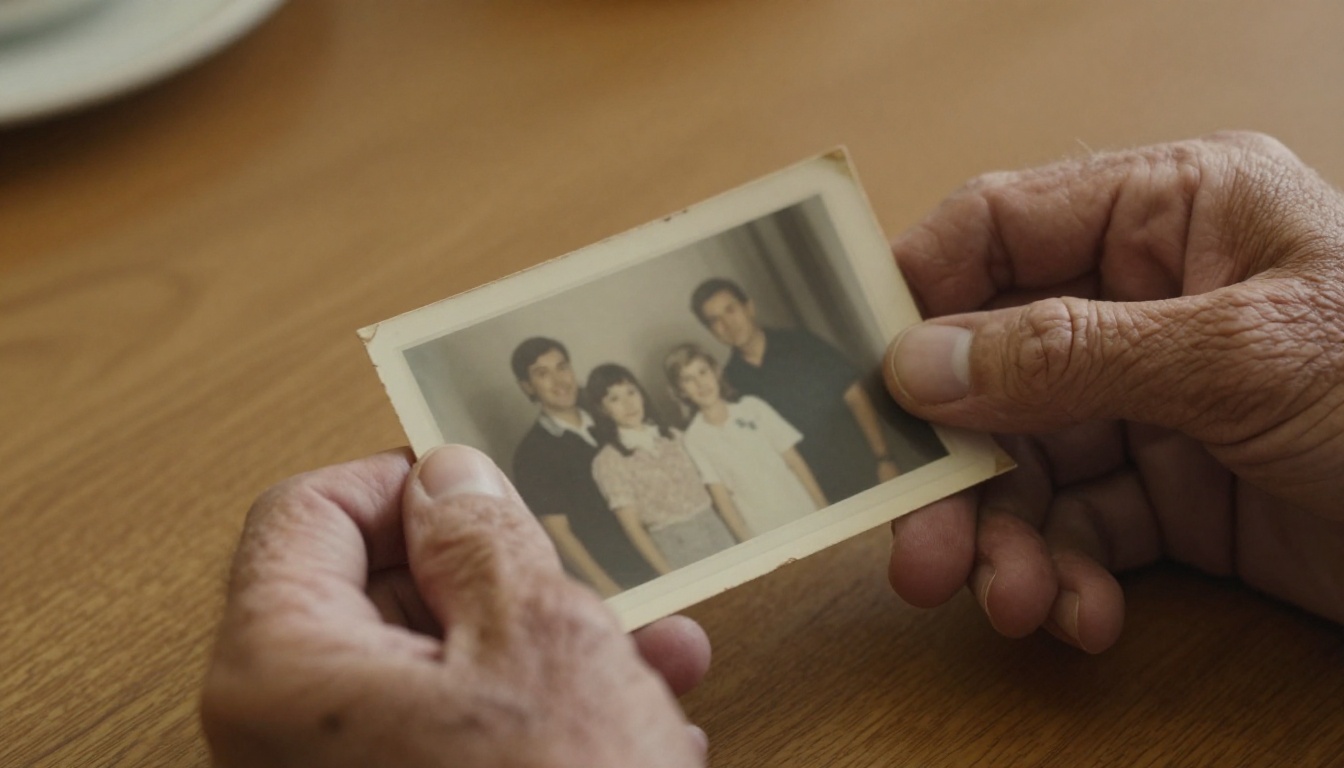 Elderly hands holding a blurry vintage photograph, warm nostalgic lighting
