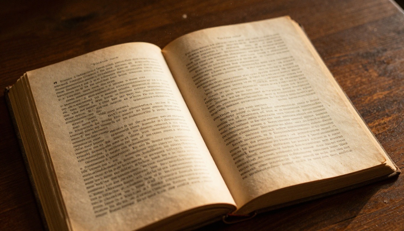 Vintage open book with aged yellowed text pages on dark wooden table in warm amber light