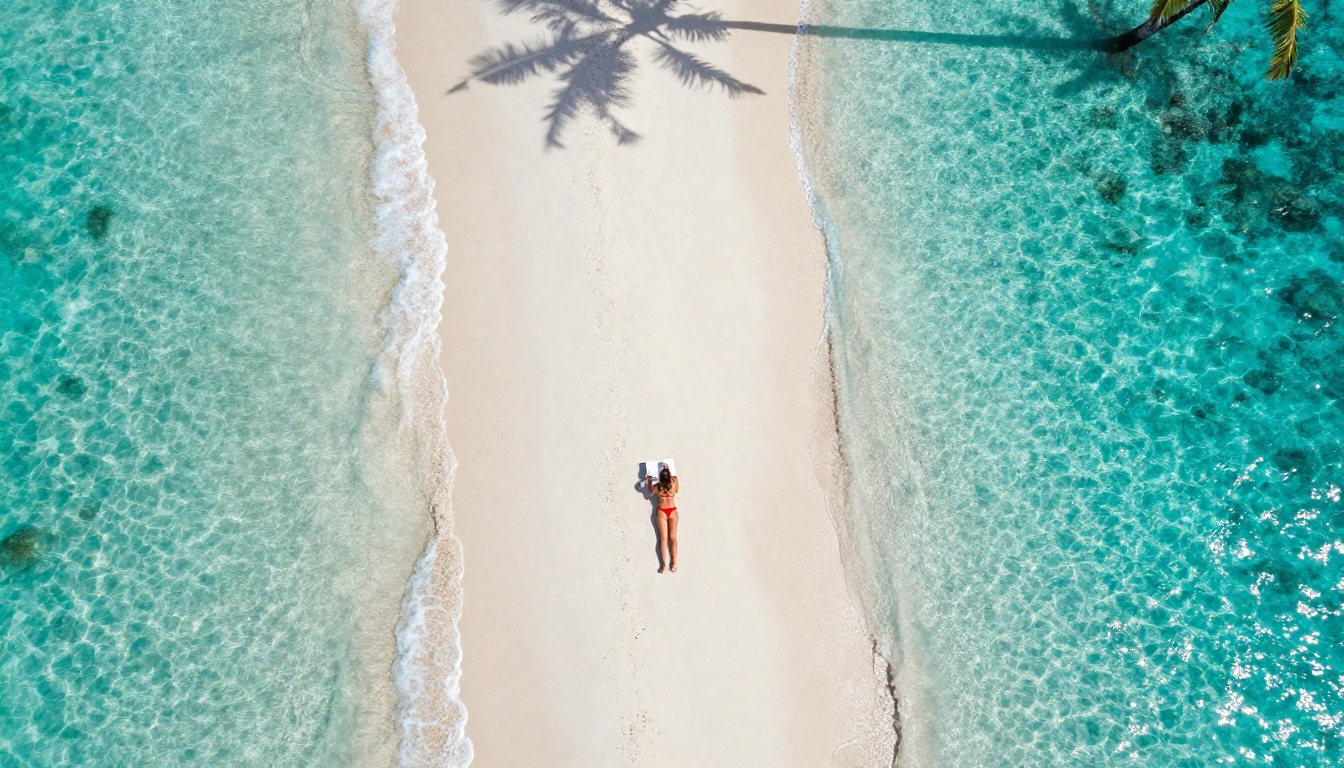 An aerial top-down tropical beach, turquoise water, woman in red bikini on white sand, Kodak Ektar, photorealistic 8K drone shot