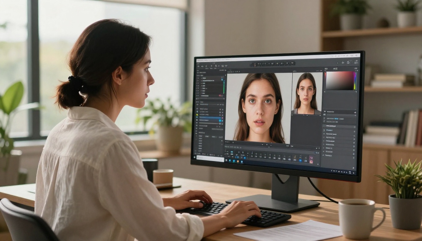 Professional woman analyzing face restoration results on a large monitor
