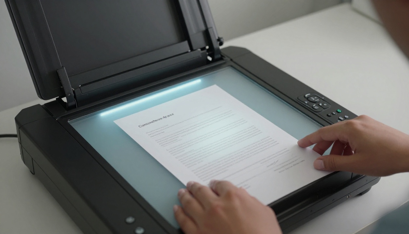 Document flatbed scanner with legal paper being placed on scanning bed from aerial view