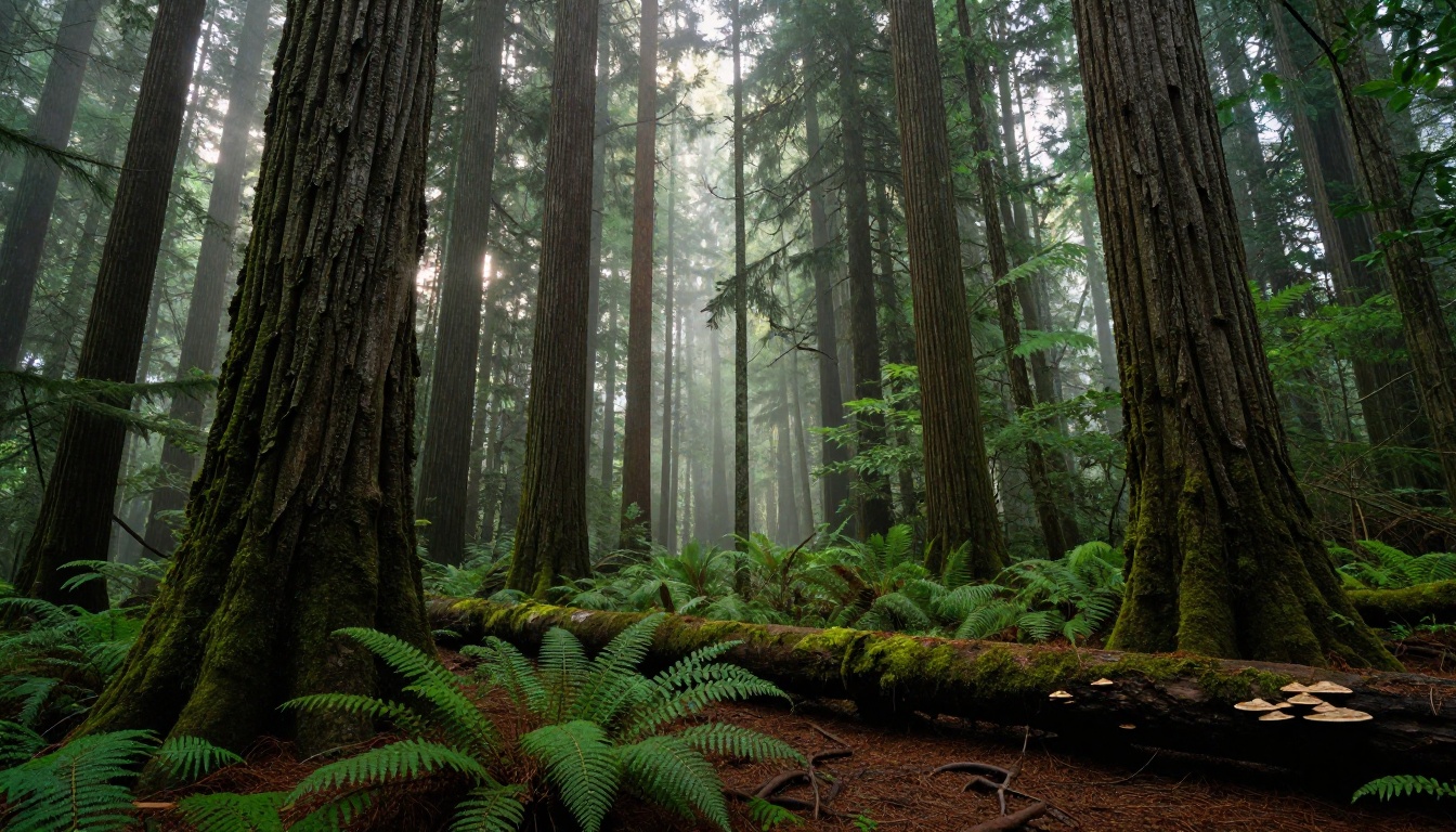 A dense Pacific Northwest old-growth forest at dawn, mist through ferns, volumetric light shafts, photorealistic 8K