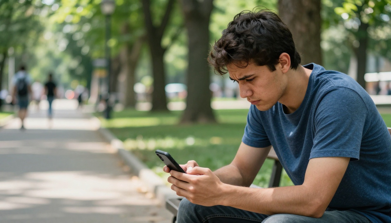 Young man looking at a blurry photo on smartphone, frustrated expression, park setting