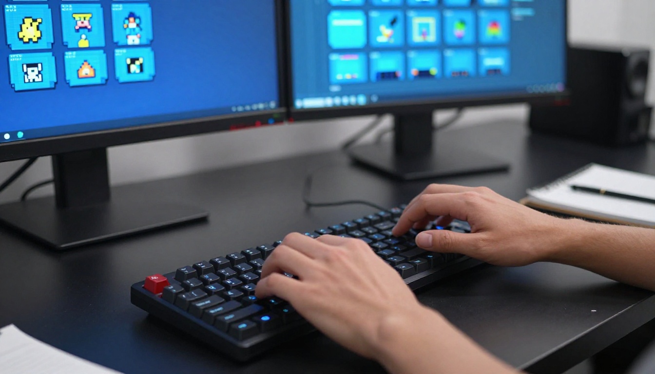 Designer's hands working on pixel art upscaling on a computer