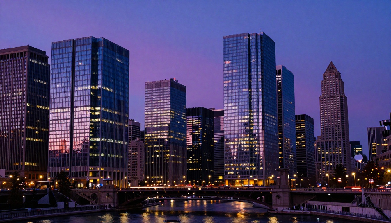 A dramatic city skyline at blue hour, skyscraper reflections on a river, light trails, Kodak Portra 800, photorealistic 8K