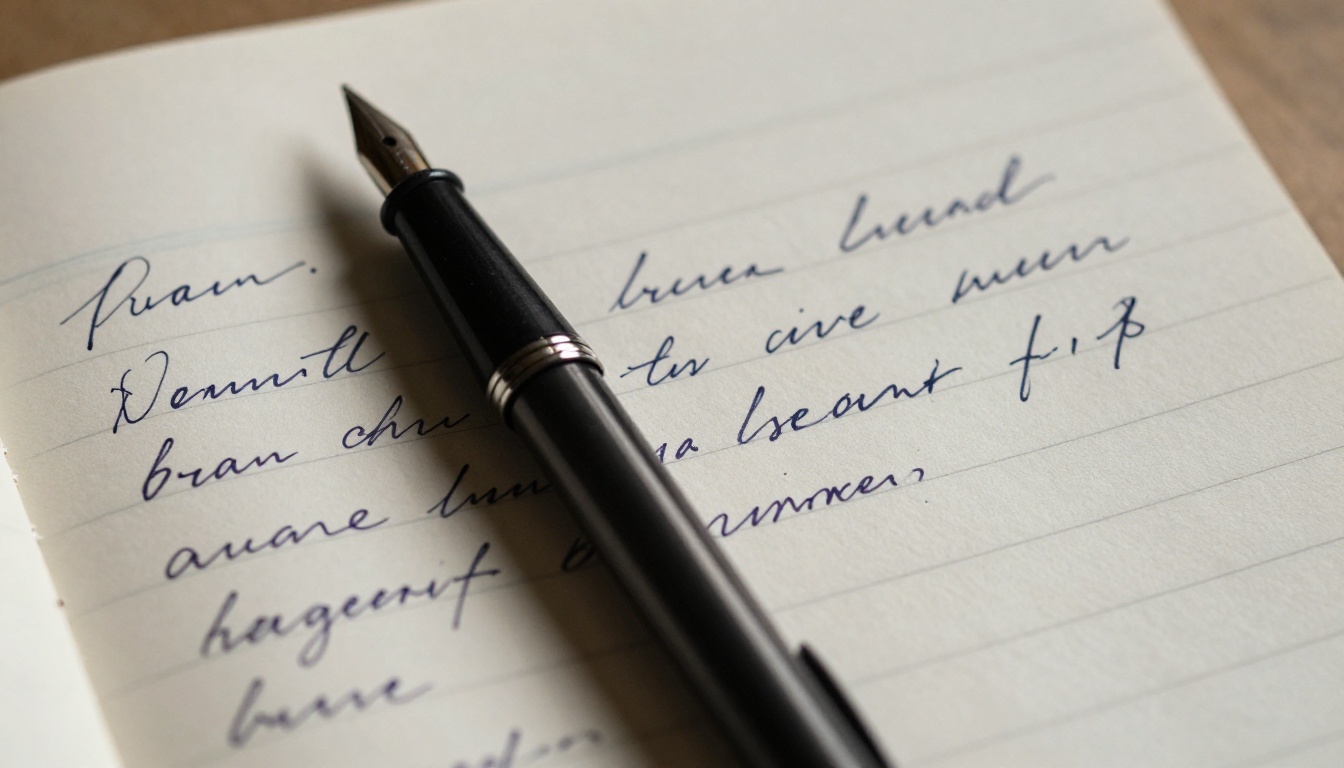 Close-up of cursive handwritten notes on lined paper with fountain pen resting diagonally in warm window light Close-up of cursive handwritten notes on lined paper with fountain pen resting diagonally in warm window light