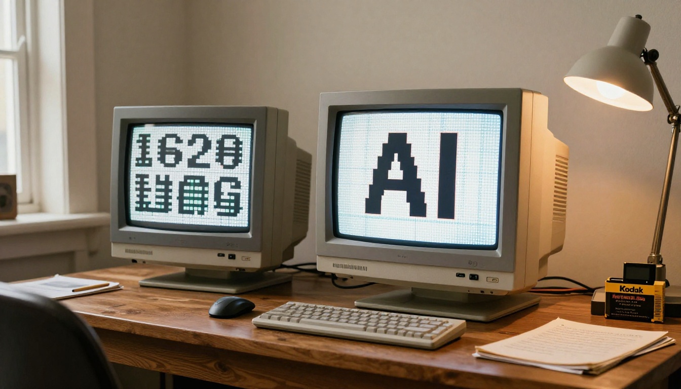 CRT monitor displaying pixel art before and after AI upscaling comparison