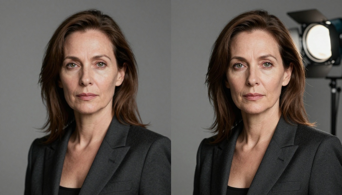 Split portrait showing a blurry versus a sharp AI-restored face comparison