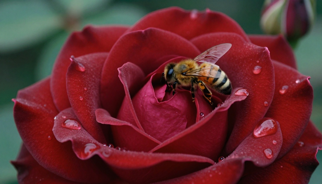 Extreme close-up macro of a red rose with water droplets, honey bee, velvet petal texture, Fujichrome Velvia, photorealistic 8K