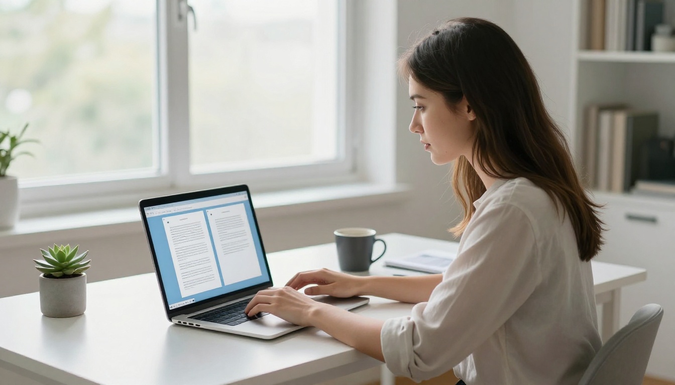 Young professional woman comparing scanned document versions on laptop screen in natural daylight home office
