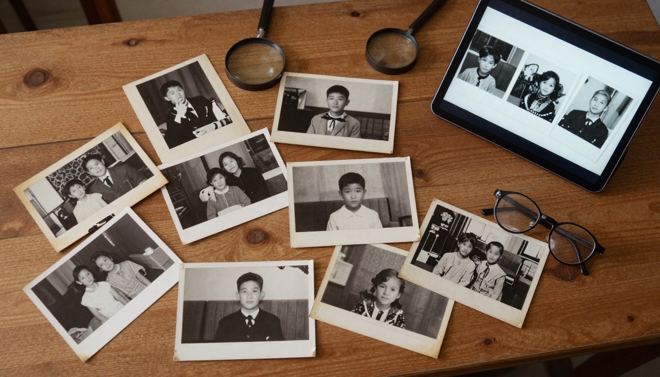 Collection of old family photographs on wooden desk with a tablet showing a restored version