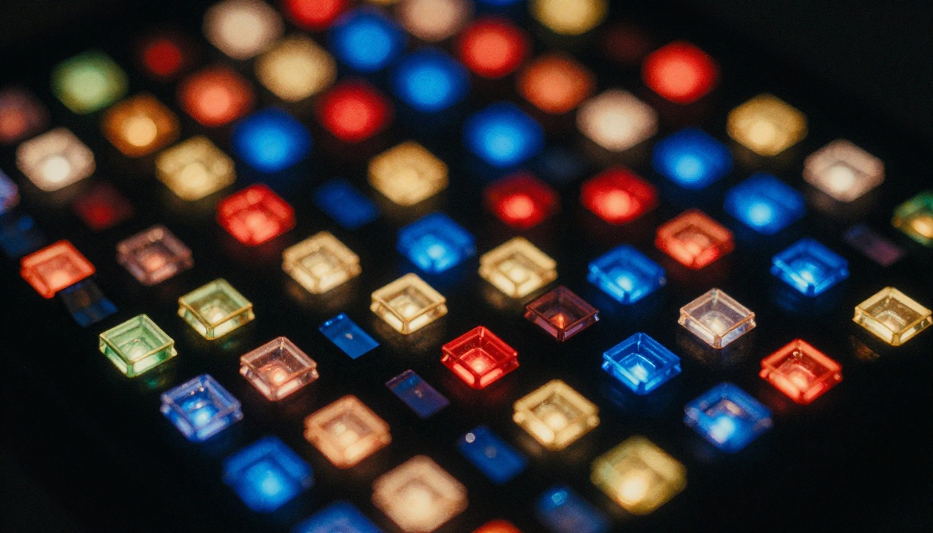 Macro close-up of LED pixel display showing individual glowing pixel cells