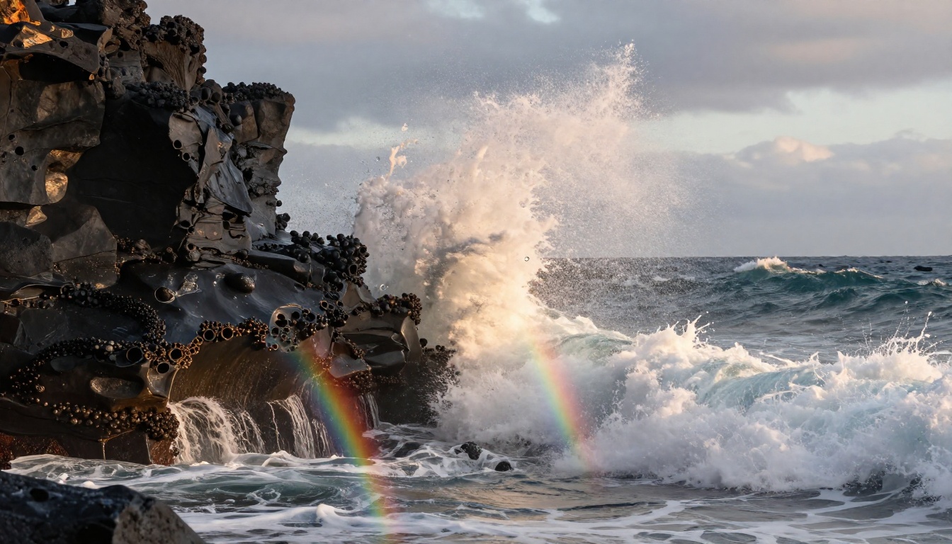 A powerful ocean wave exploding against black volcanic cliffs at sunrise, water droplets frozen, rainbow arc, Kodak Portra 400, photorealistic 8K
